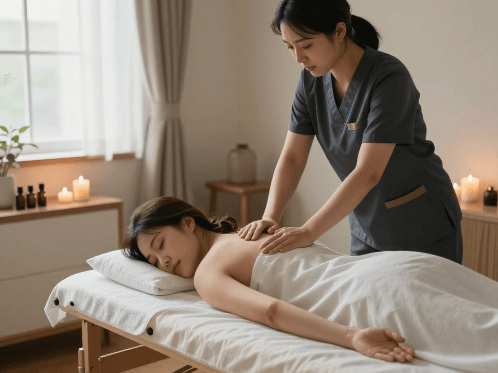 Professional therapist delivering 수원출장마사지 in a serene home environment with calming decor.