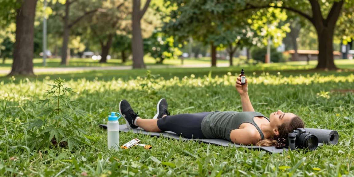 Ministry of Cannabis CBD tincture aiding post-workout recovery in a refreshing outdoor park setting.