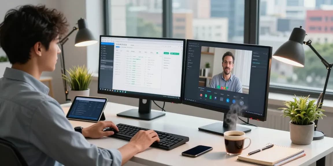 Remote IT support for small business professional engaged in troubleshooting, dual screens displaying tech tools.