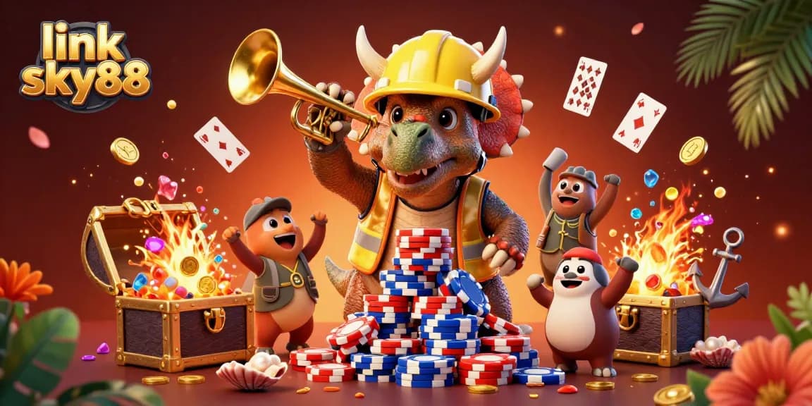 Engage with the thrilling link sky88 gaming experience as colorful characters celebrate wins in a vibrant casino scene.