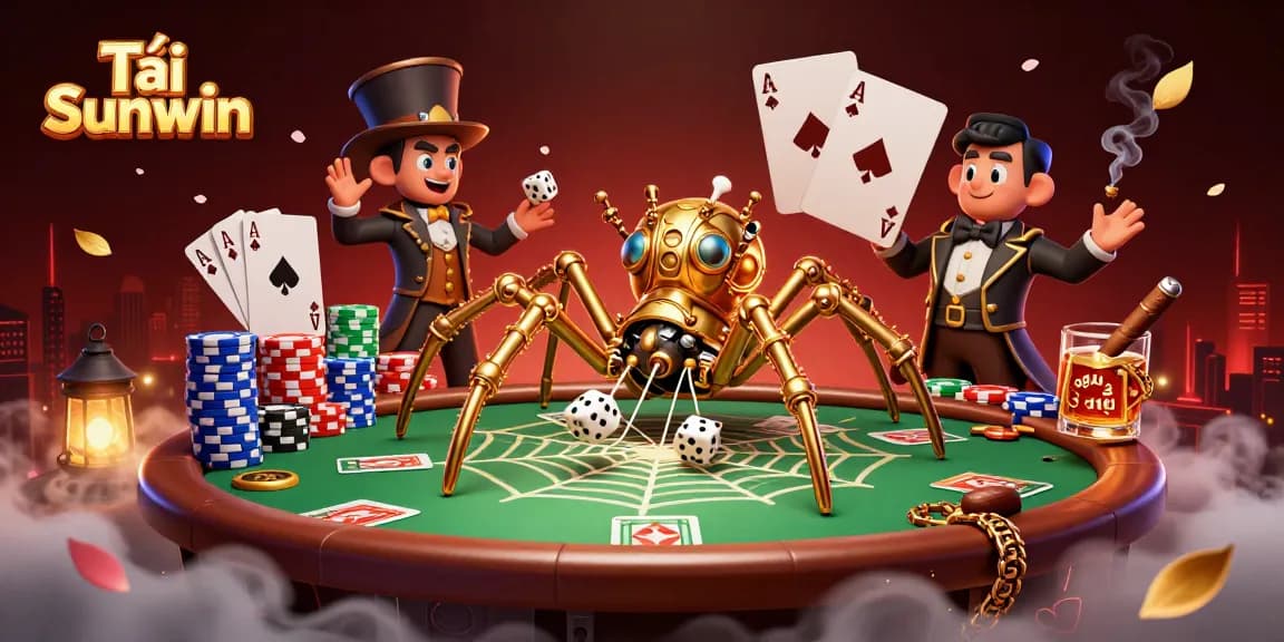 Tải Sunwin with a steampunk spider capturing dice in a golden web, surrounded by poker elements