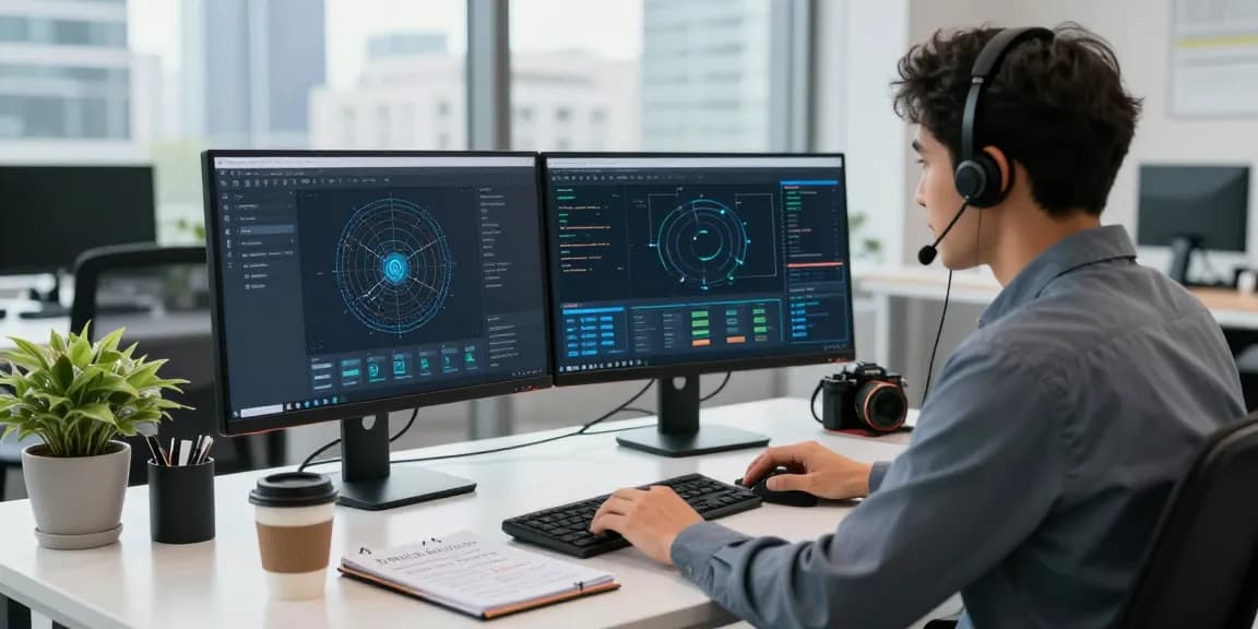 快连 tech support professional optimizing network solutions at modern desk.