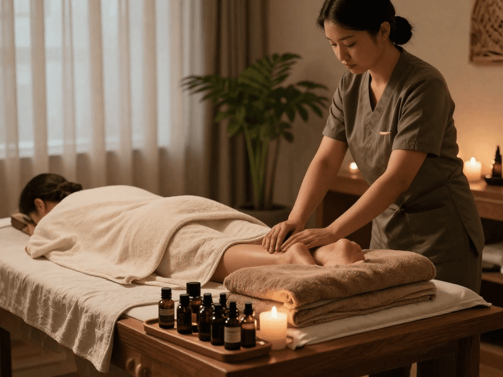 Relaxing 마포출장안마 session in a luxurious spa setting, showcasing serene atmosphere and professional therapy