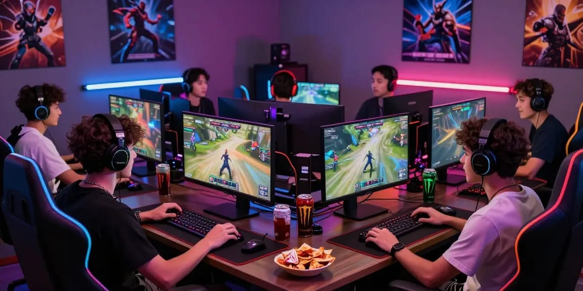 Friends enjoying an exciting multiplayer gaming session on iwin platform with vibrant setups.