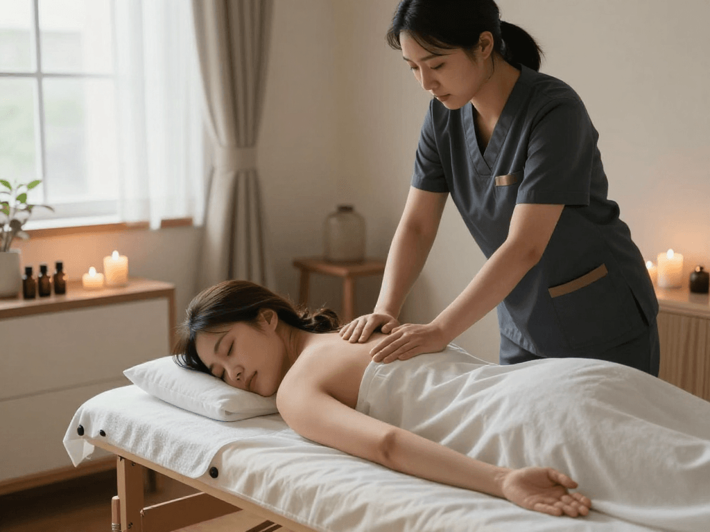 Professional therapist delivering 수원출장마사지 in a serene home environment with calming decor.