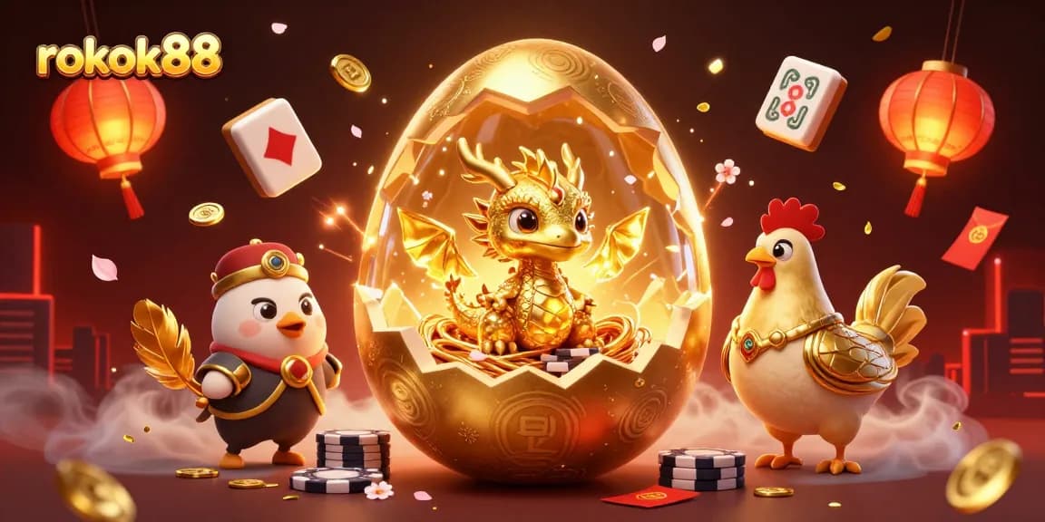 Experience excitement with rokok88 as a golden dragon guards riches surrounded by festive gambling elements.