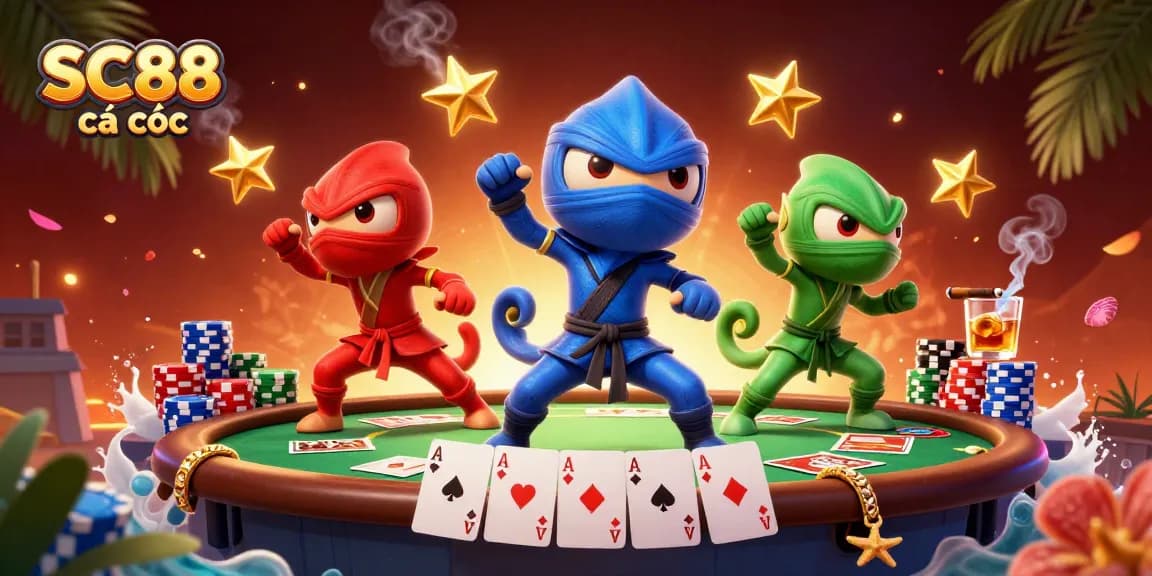 Experience SC88 cá cược with vibrant 3D chameleons showcasing poker excitement and rich casino elements.