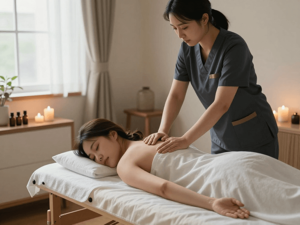Professional therapist delivering 수원출장마사지 in a serene home environment with calming decor.