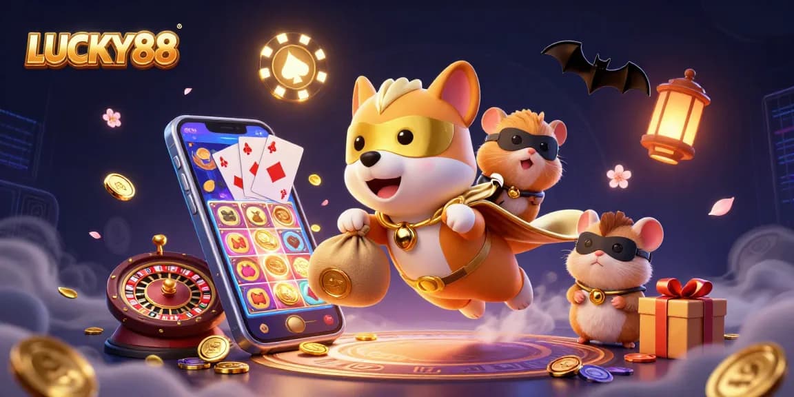 Spin to win on LUCKY88 Slot: vibrant 3D scene featuring superhero dog and hamster