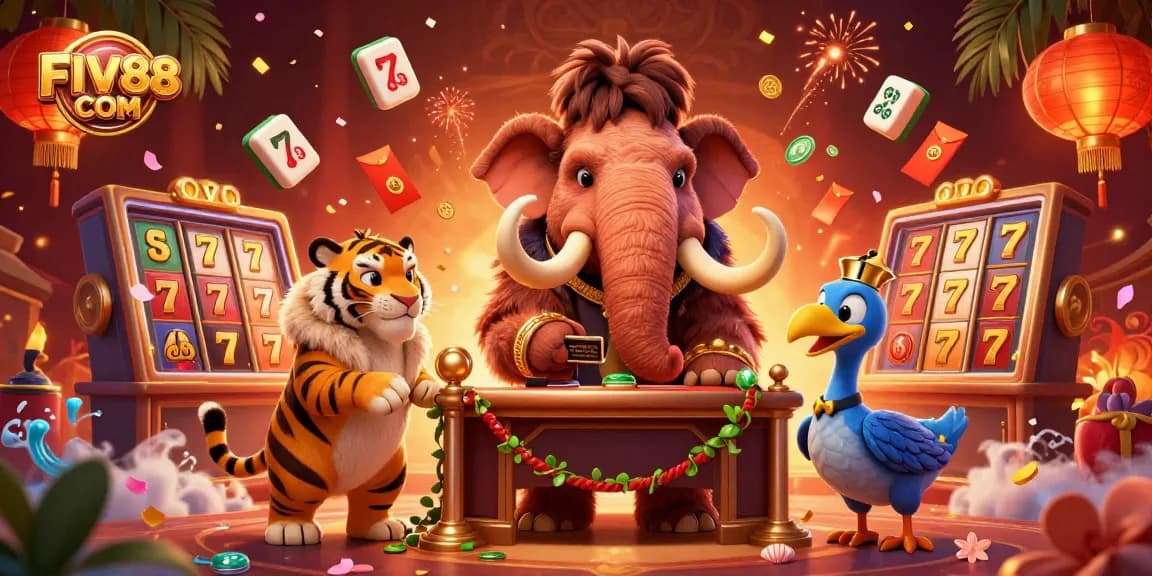 Engage with dynamic FIVE88 COM casino scene featuring vibrant characters and energetic gambling elements.
