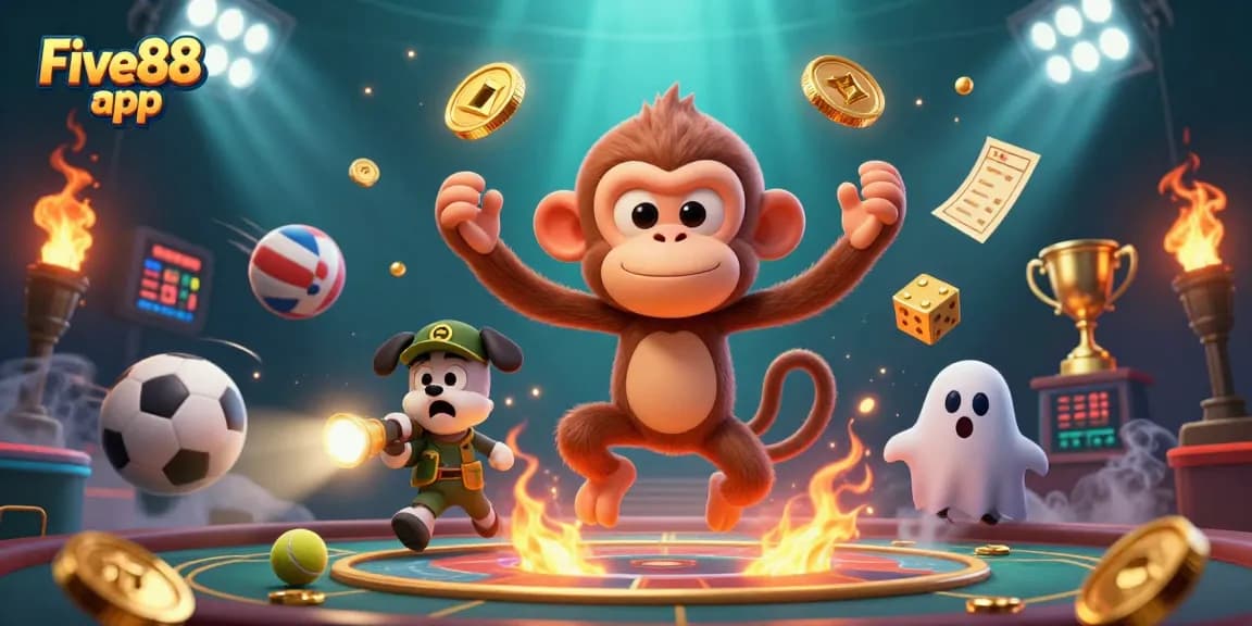 Experience thrilling wins on the Five88 app with this vivid 3D casino scene featuring a playful monkey and ghost-hunter puppy.