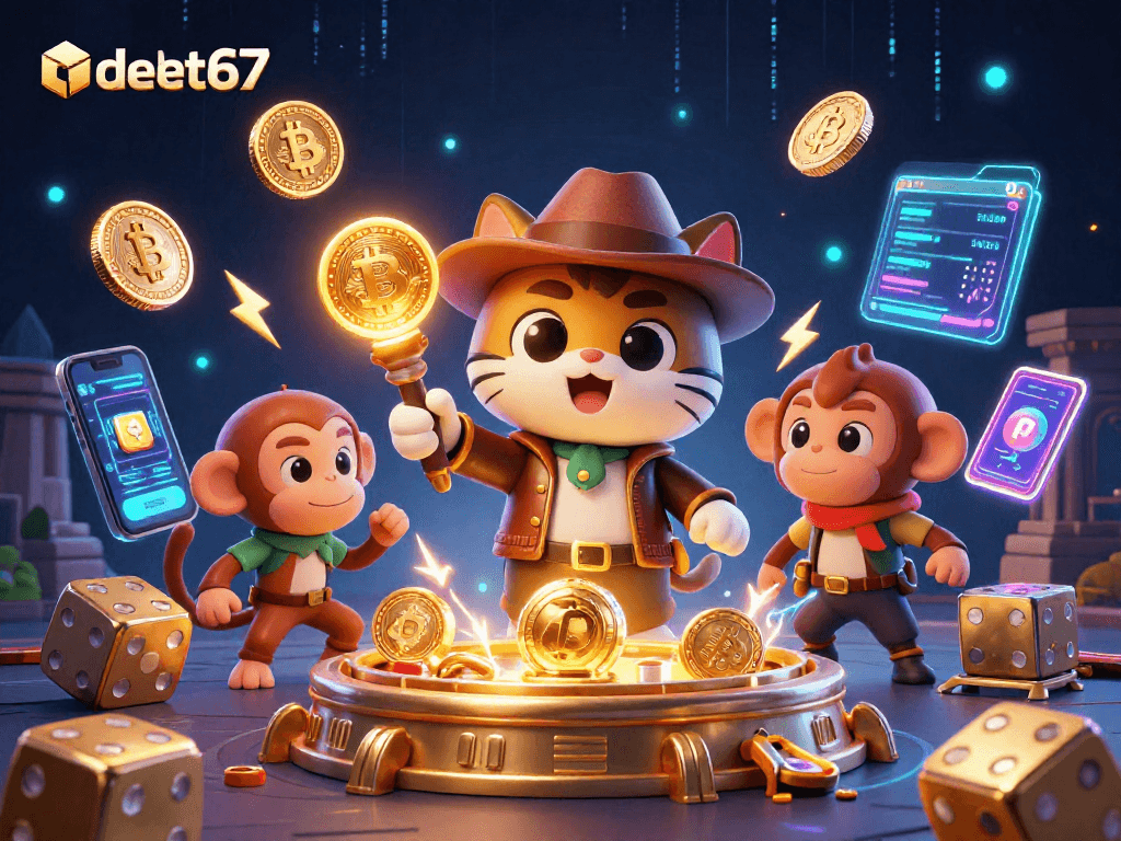 Immerse yourself in debet67 with a cartoon archaeologist cat and monkey uncovering golden casino treasures amidst vibrant casino elements.
