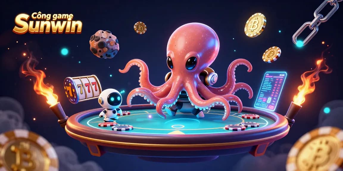 Experience dynamic gameplay at Cổng game Sunwin, featuring an alien octopus and vibrant slot reels in a thrilling 3D scene.