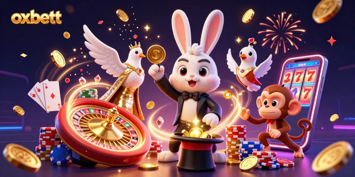 Play slots and grab winning poker chips with oxbett's magical gambling experience illustration.
