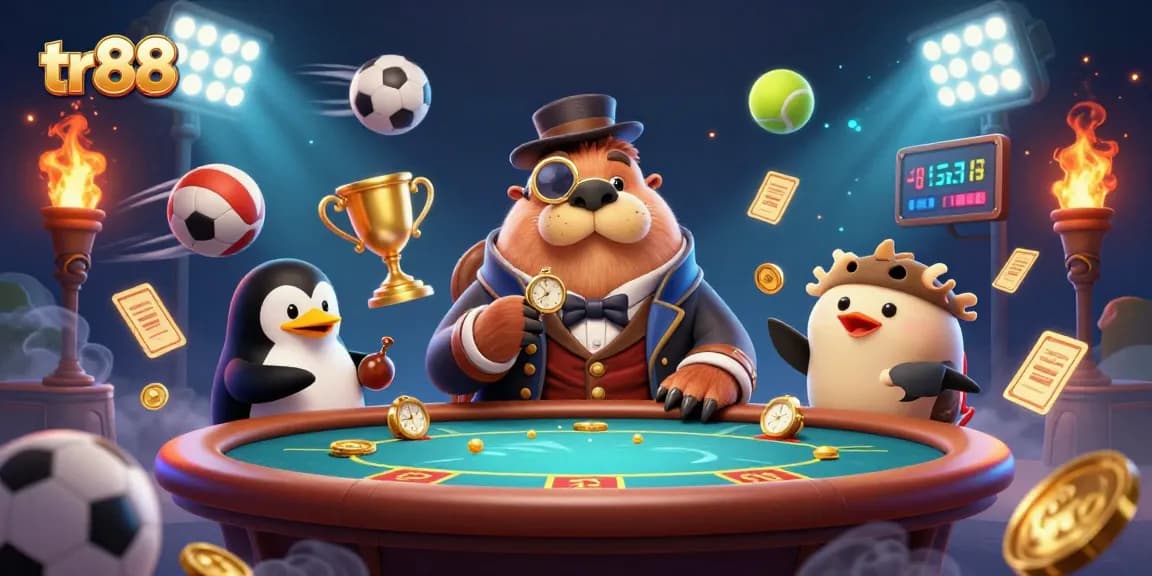 tr88 enhances the gaming experience with a dynamic underwater poker scene featuring a walrus and penguin dealer.