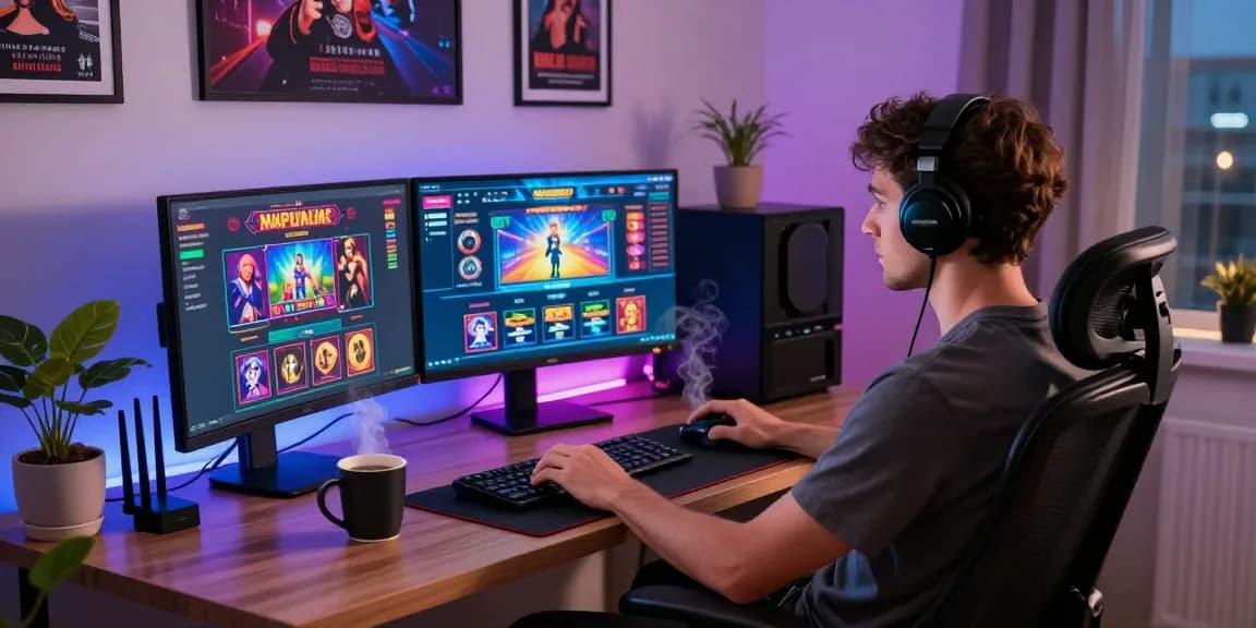 Giocatore che si gode l'emozione dei giochi dei casinò non AAMS in un accogliente ufficio a casa.