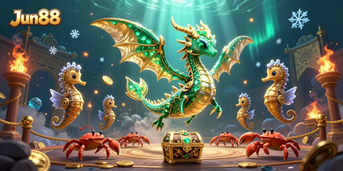 Experience the excitement of Jun88 casino games with our dynamic illustration featuring a sea dragon and treasure elements.