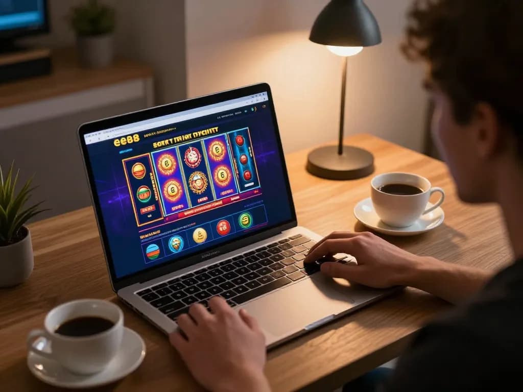 Engaging with the ee88 online casino on a sleek laptop in a cozy gaming setup