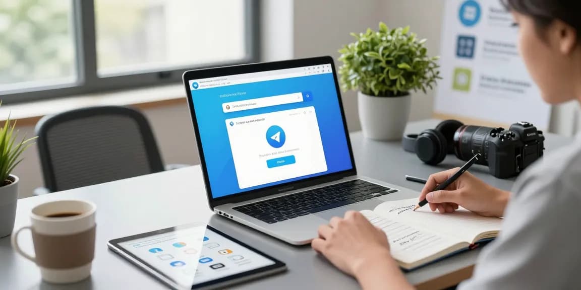 Efficient workspace showcasing Telegram download guide with laptop and tablet