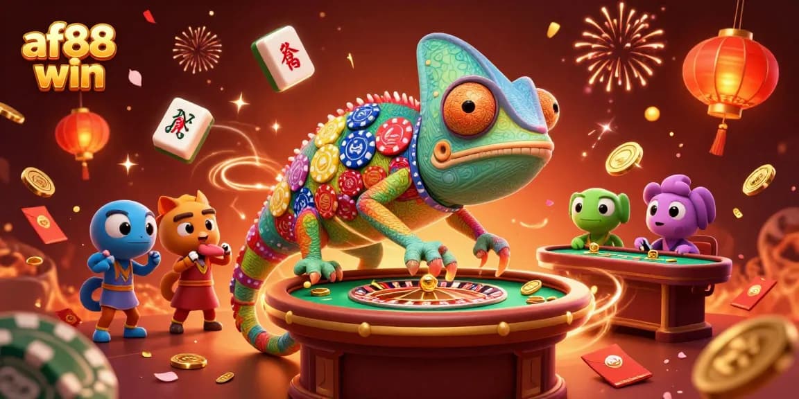 Experience af88 win with an enchanting chameleon owner amidst vibrant casino elements.