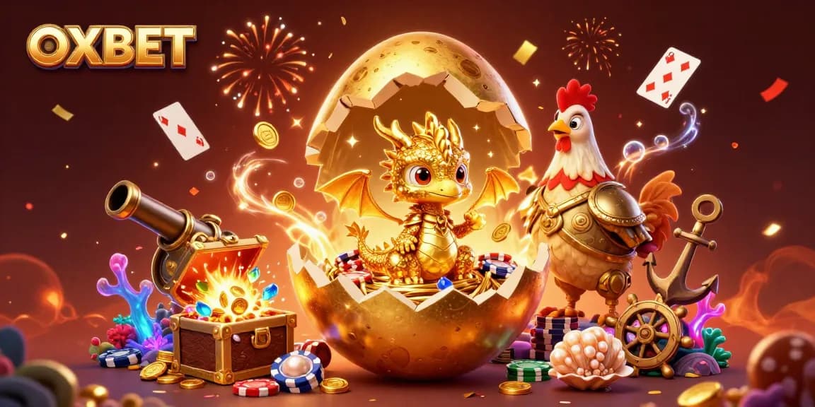 Engage in thrilling gameplay at OXBET with a golden dragon guarding poker chips amidst festive casino elements.