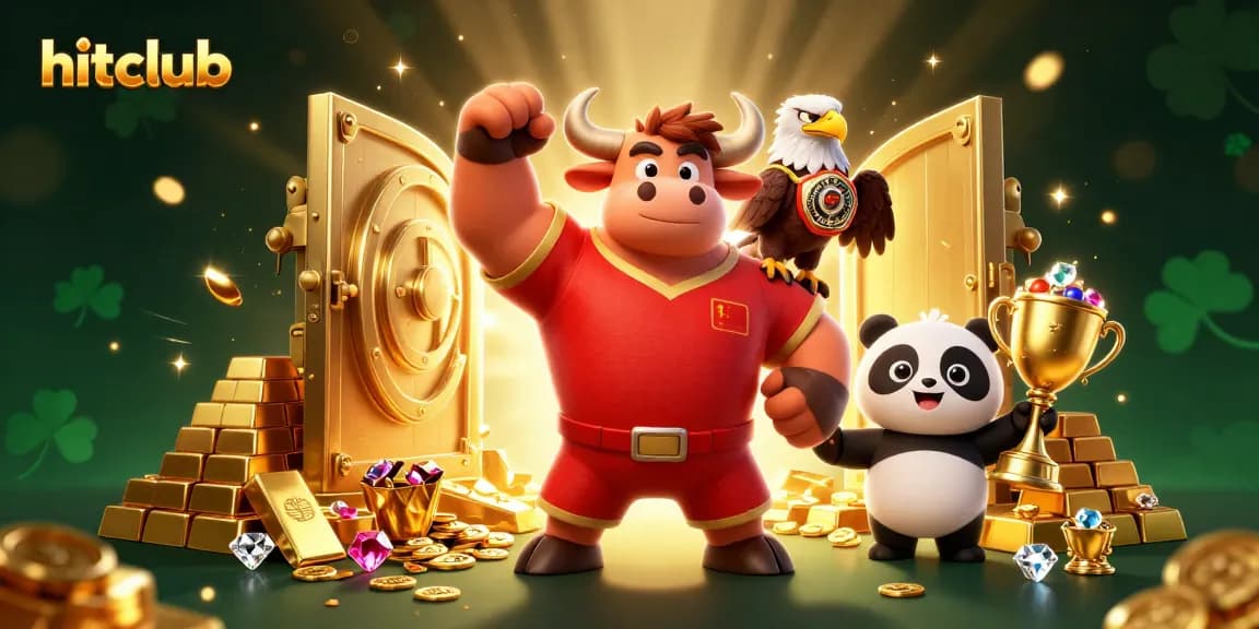 Hitclub showcases winning moments in a vibrant 3D casino scene filled with treasures and festive spirits.