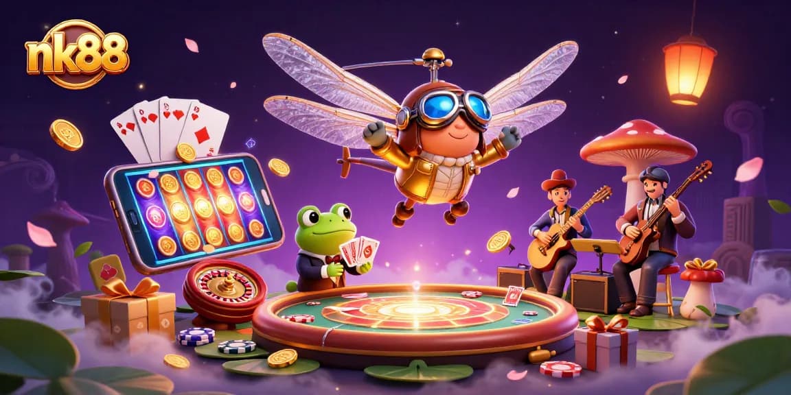 Experience nk88's vibrant gaming scene with a dragonfly pilot, frog dealer, and jazz musicians.
