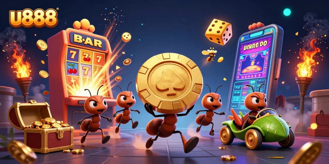 u888 ants carrying a giant poker chip in a vibrant casino scene with slot machines and golden treasures