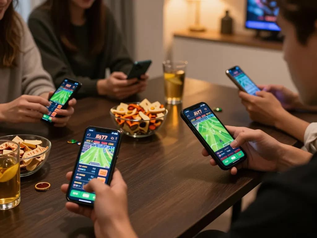 Engaged players using the jus77 app to place bets on sporting events, showcasing dynamic online gambling.