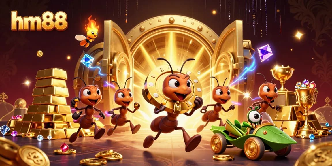Engage with the adventure of hm88 as cartoon ants steal a giant poker chip in a rich casino setting.