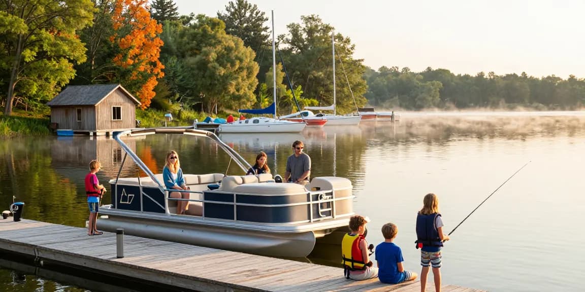 Boat rentals at a lakeside marina with families enjoying a summer day.
