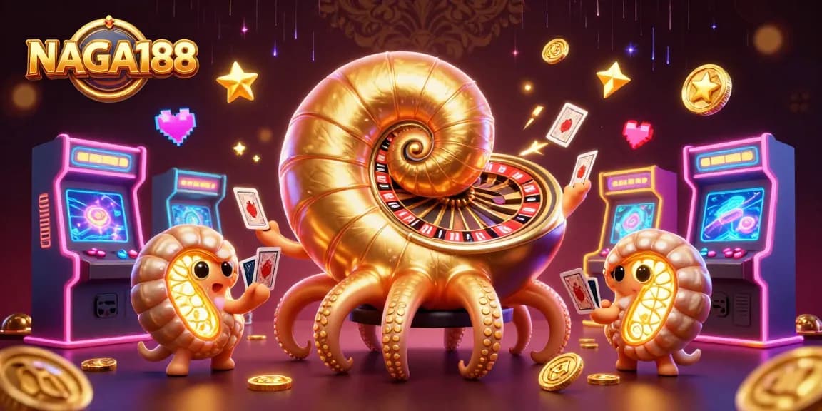 NAGA188 memberikan visualisasi menarik dengan nautilus raksasa berhiaskan roda roulette dan kartu, siap untuk permainan yang mendebarkan.