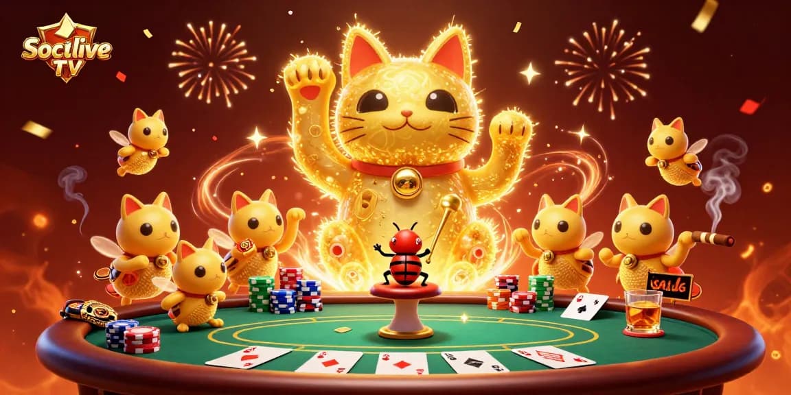 Socolive TV showcases dynamic casino fun with fireflies and a lucky cat amid poker action.