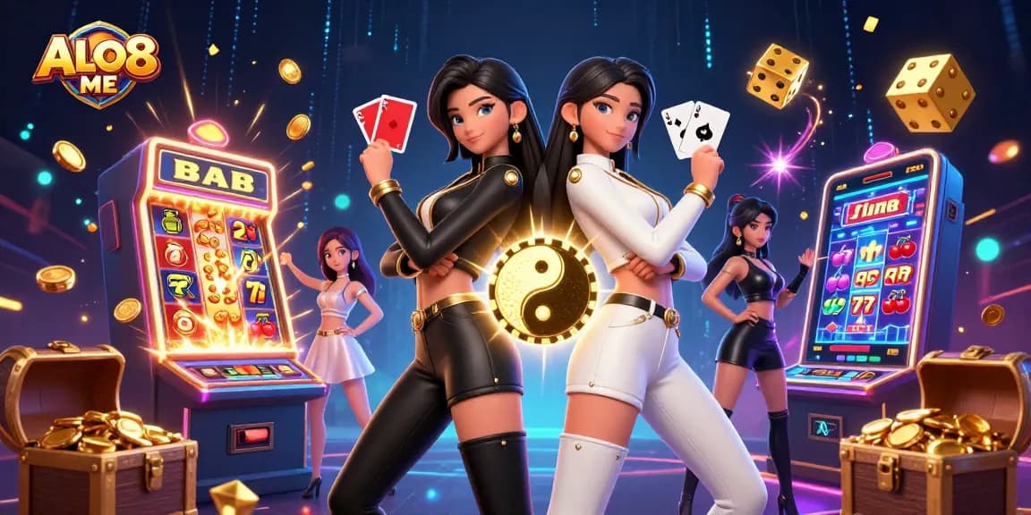 Win big with ALO8 ME as stunning twins showcase casino game excitement with vibrant elements.