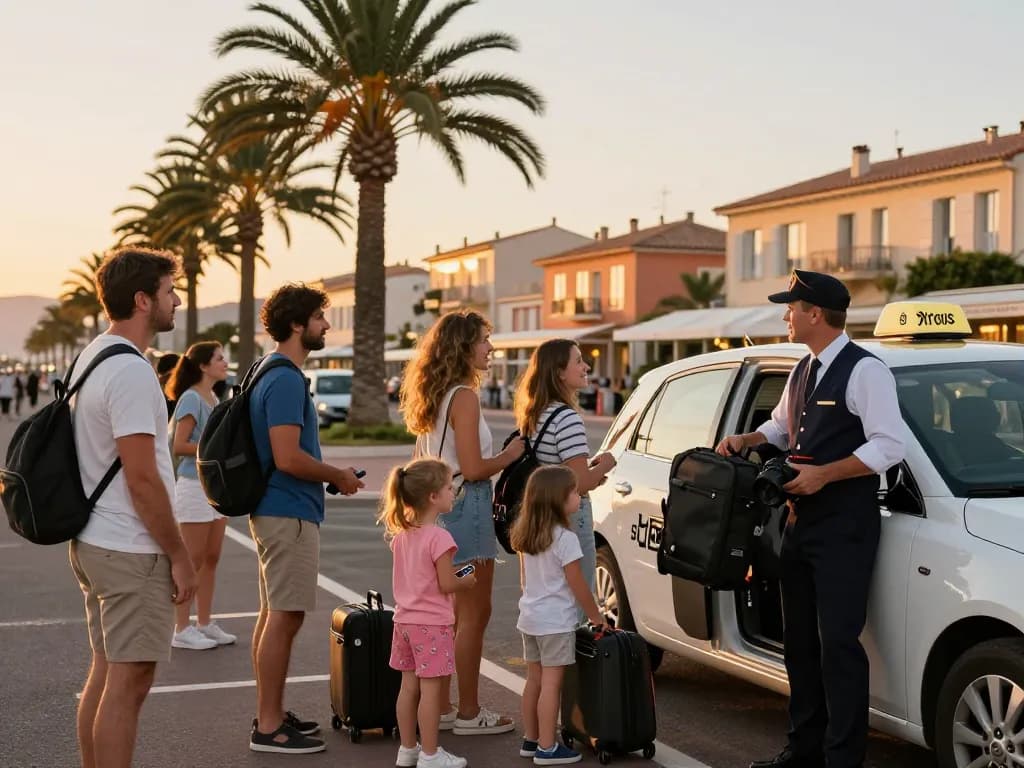 Service de taxi à Saint-Tropez accueillant les voyageurs avec des véhicules de luxe au coucher du soleil.
