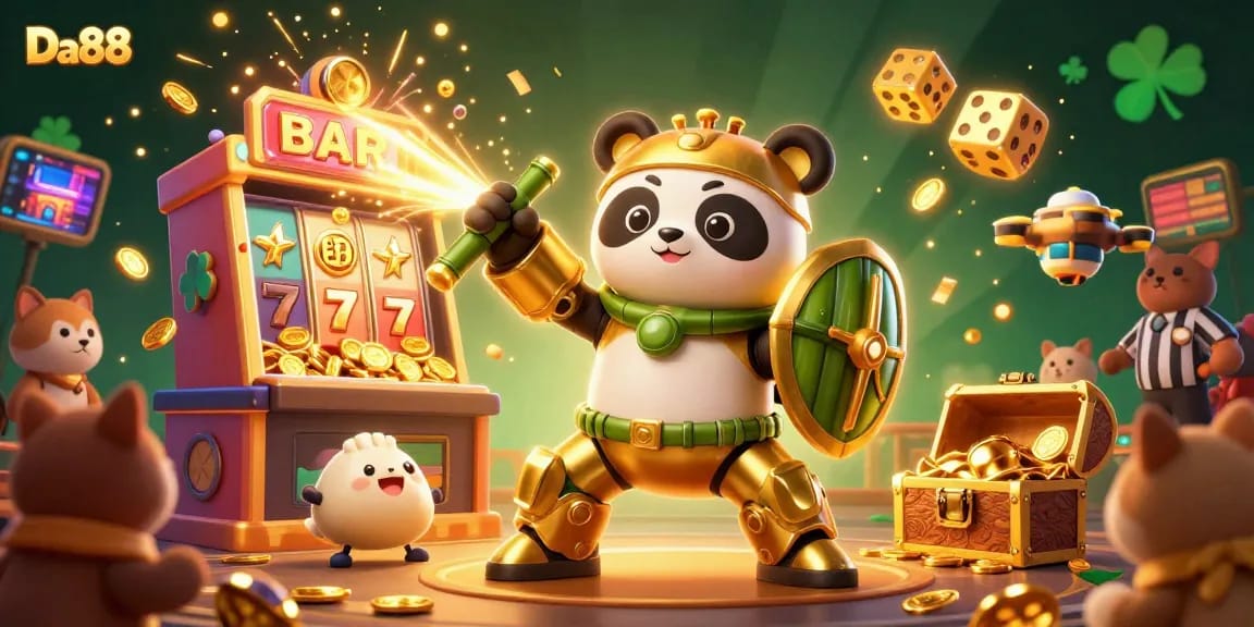 Experience the thrilling gameplay of Da88 with dynamic slot machines and vibrant characters in a bustling casino scene.
