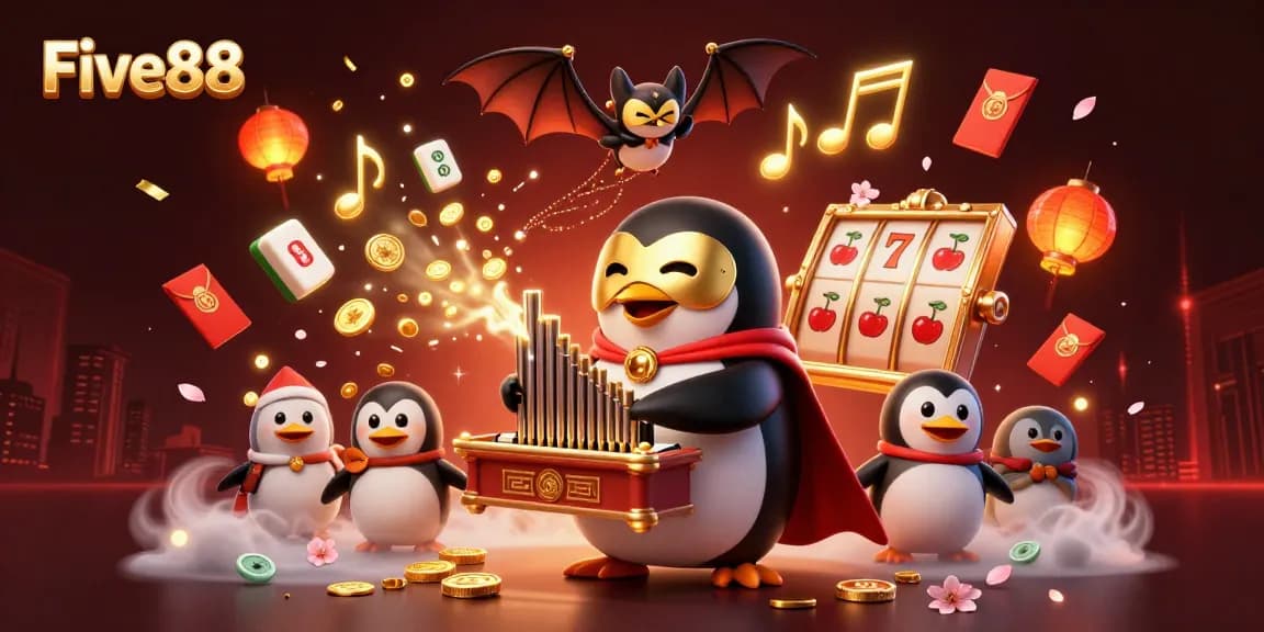 Play slots at Five88 with a cartoon penguin organist, golden coins, and vibrant casino elements.