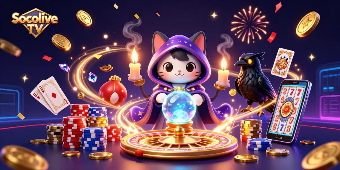 Socolive TV offers exciting visuals of a mystical cat and raven amidst vibrant casino elements.