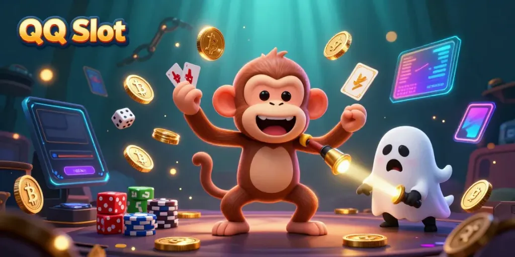 Engage with exciting QQ Slot gameplay featuring a poltergeist monkey and a ghost-hunter puppy in a casino setting.