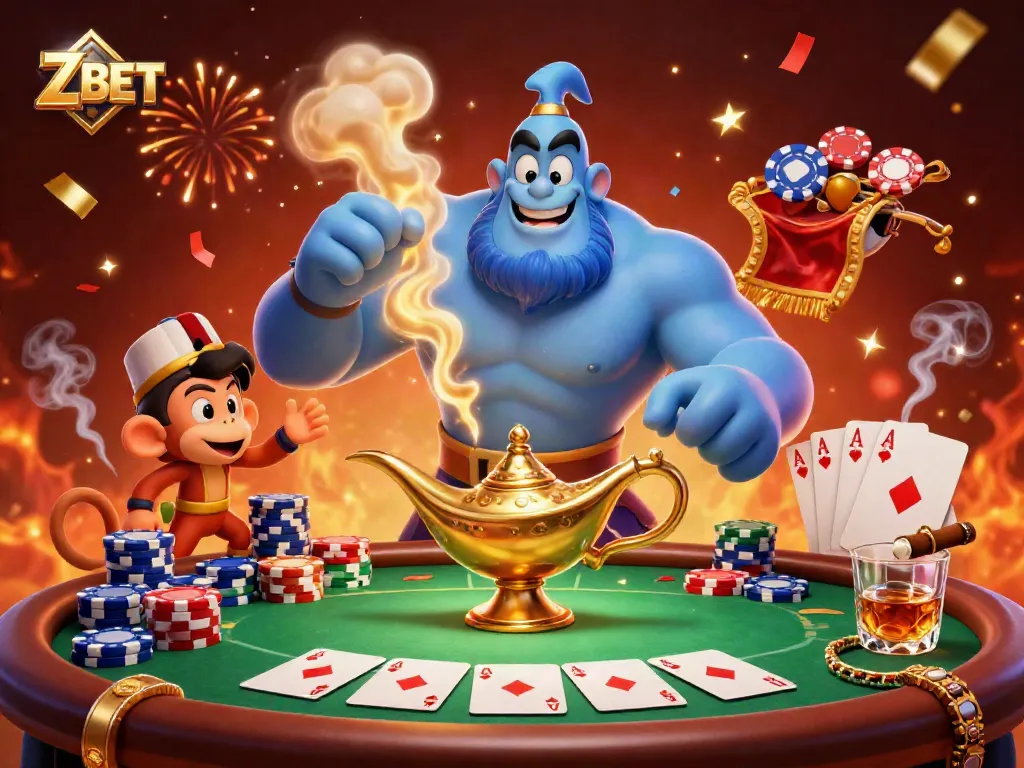 ZBET offers an engaging casino experience with vibrant 3D characters and poker elements in a lively atmosphere.