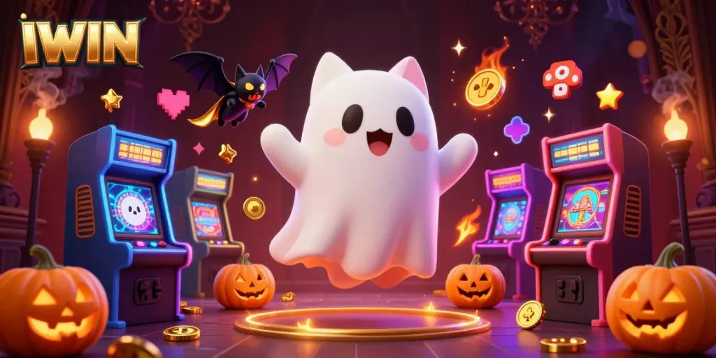 IWIN captivating ghost cat and bat enjoying a haunted casino adventure with glowing elements