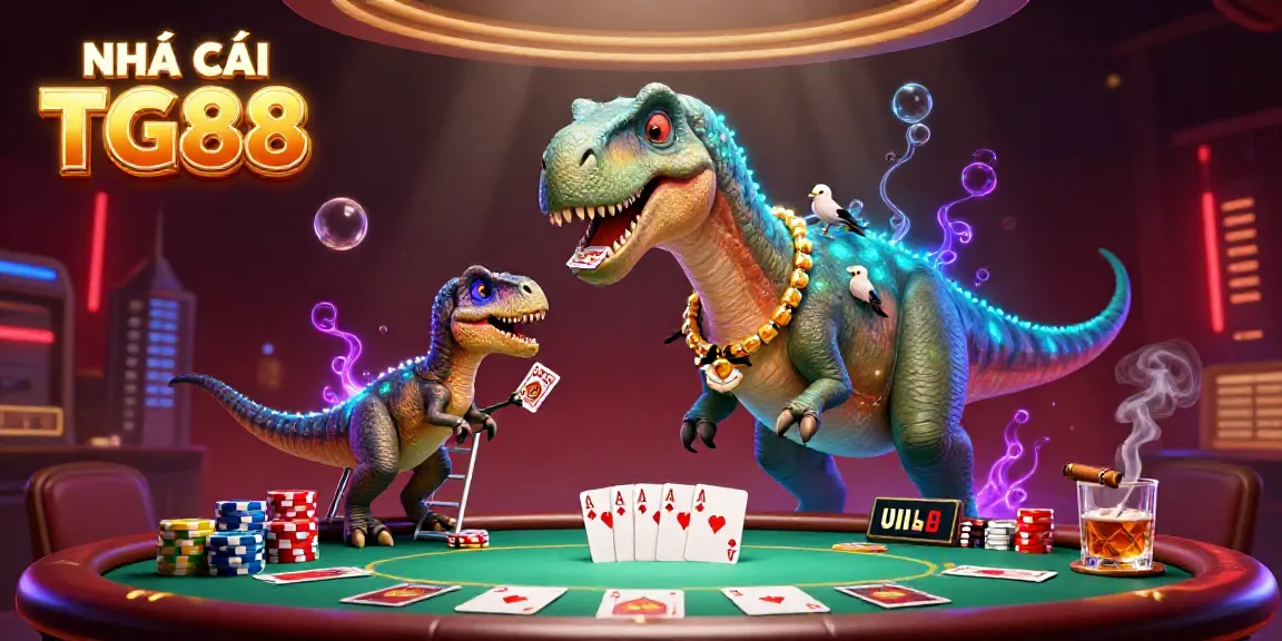 NHÀ CÁI TG88 showcases a vibrant 3D illustration of a dinosaur-themed poker table scene with colorful chips and cards.