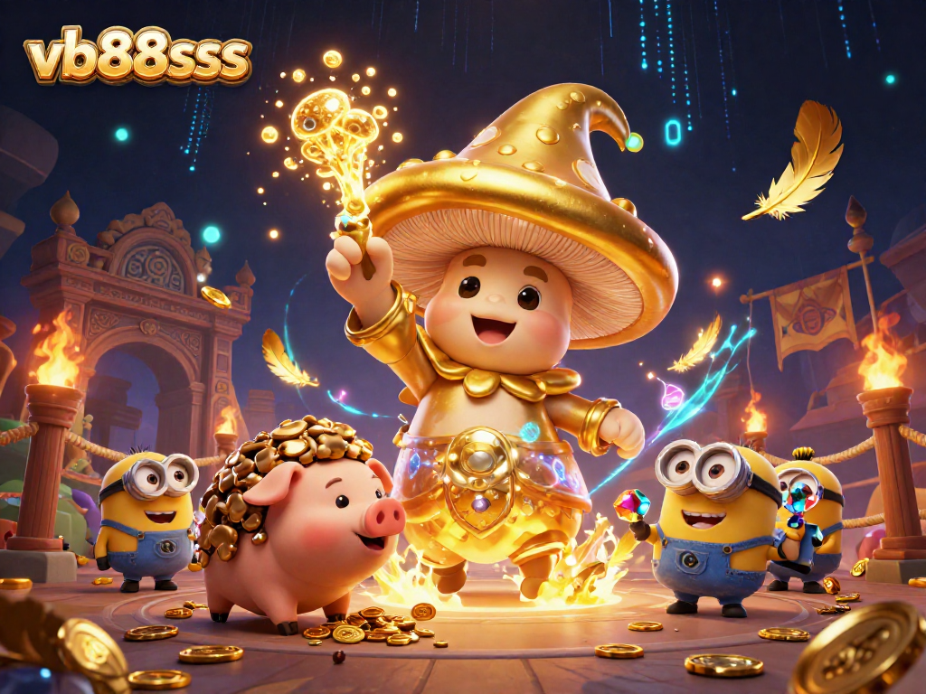 Experience thrilling magic with a golden mushroom wizard at vb88sss, conjuring treasures in a vibrant casino scene.