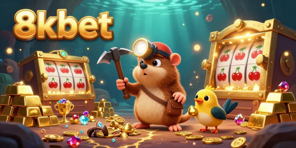 Engage with 8xbet’s vibrant casino world, featuring an adventurous mole mining golden treasures and jewels.
