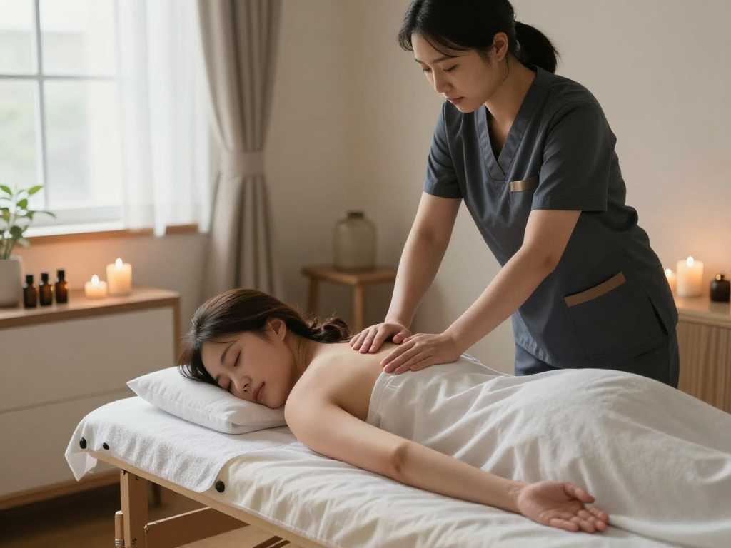 Professional therapist delivering 수원출장마사지 in a serene home environment with calming decor.
