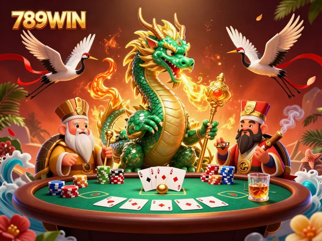 Experience gaming excitement with 789WIN's vibrant casino scene featuring mystical characters and poker elements.
