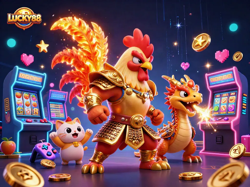 Experience LUCKY88's thrilling gameplay with a dynamic scene featuring powerful characters and vibrant casino elements.