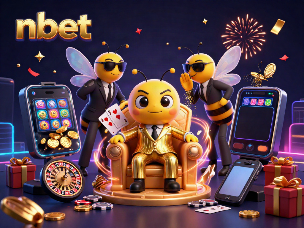 Experience thrilling gaming at nbet with a buzzing bee mob boss among vibrant casino elements.