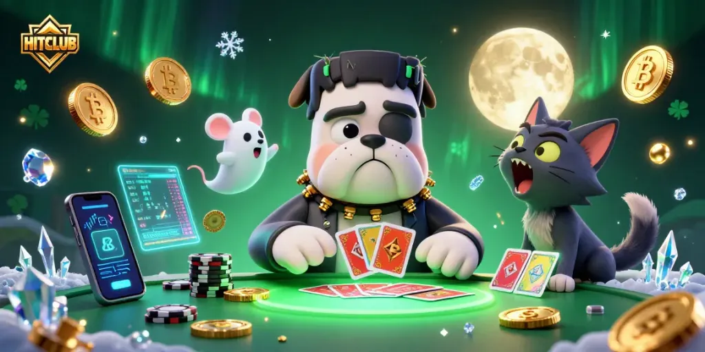 Engage with HITCLUB as a Frankenstein bulldog deals cards at a vibrant gaming table.