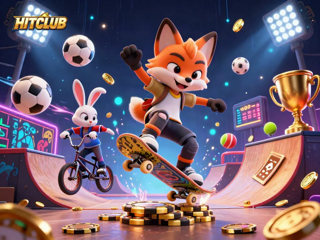 Experience HITCLUB gaming with vibrant 3D characters, casino symbols, and dynamic sports elements.